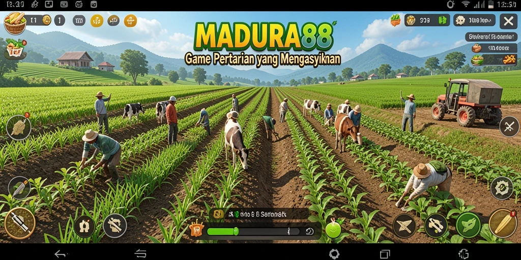 Tampilan gameplay MADURA88 dengan ladang hijau subur dan hewan ternak.