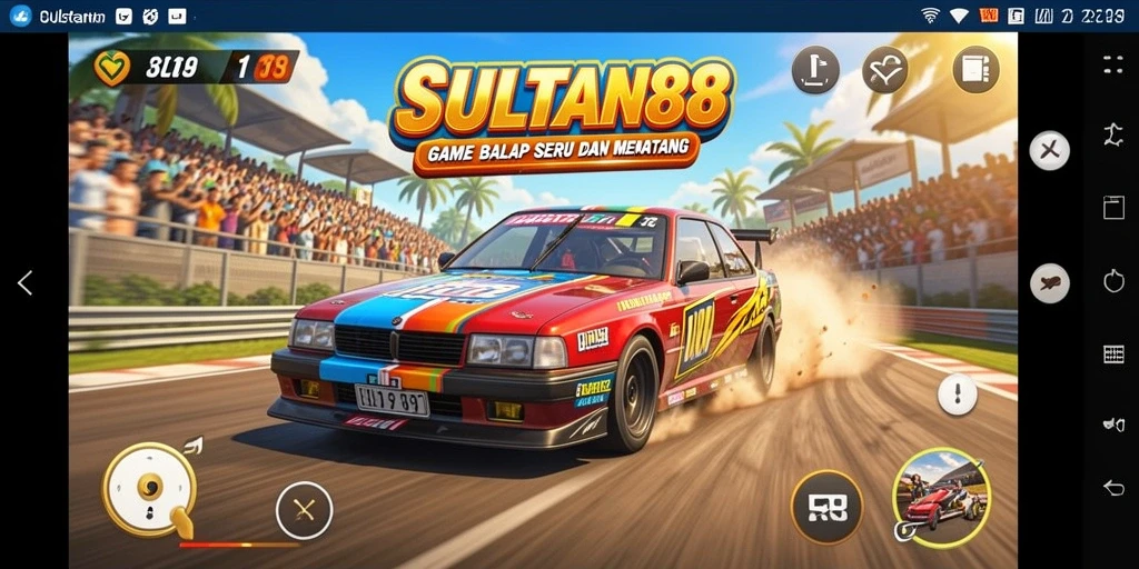 Gameplay SULTAN88 dengan mobil balap yang bergerak cepat di lintasan.